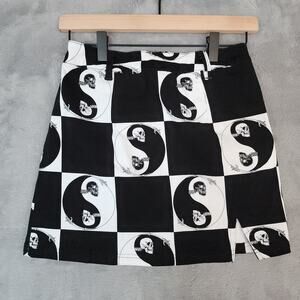 Your Highness Mini Skirt Small Black White Checkerboard Skull Yin Yang A-Line